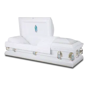 The Lady Guadalupe White 20 Gauge Steel Casket (Upgrade from Orion) features a white steel build, hinged lid partially open, white padded interior, and decorative Lady Guadalupe images on the side panels and interior.