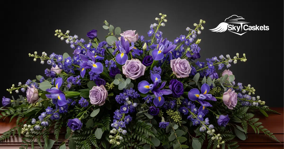 An elegant casket spray of purple and lavender flowers with green foliage is displayed on a wooden casket against a dark background. The Sky Caskets logo appears in the upper right corner, showcasing this tasteful funeral flower arrangement.