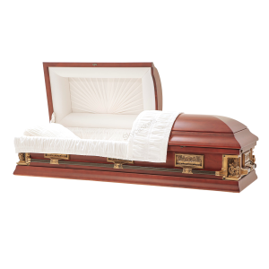 The Angelus Pieta Poplar Wood Casket is made of solid poplar wood with a glossy finish, gold-colored handles and accents, a partially raised lid, and a white cushioned interior.