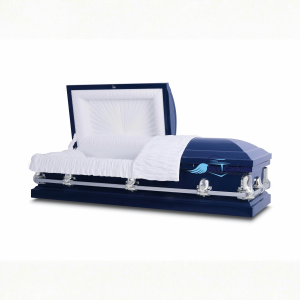 Cobalt casket shown open at an angle, deep navy blue exterior with a white crepe interior, pleated sunburst lid panel, pillow and throw, and chrome bar handles.