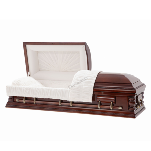 The Sierra Poplar Wood Casket (Solid Poplar Wood) features a polished finish, an open lid displaying a white cushioned interior, and silver handles, all set against a plain white background.