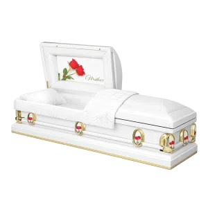 White rose custom funeral casket with personalized Mother head panel and gold hardware accents