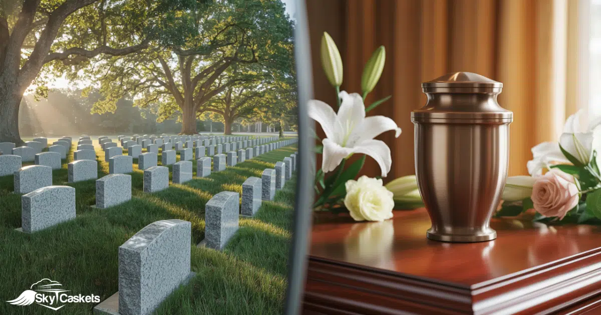 A split image showing a cemetery with rows of headstones under large trees on the left, and a bronze urn with white lilies and roses on a wooden table indoors on the right, capturing the choice between cremation vs burial. Sky Caskets logo in the bottom left corner.
