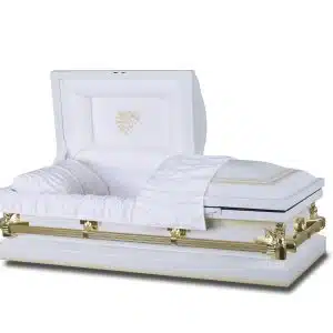 A white casket with gold accents is shown with its lid partially open. It has a cushioned interior and a white quilted lining. The exterior features gold handles and decorative detailing on the lid.