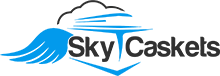 Logo with a stylized blue wing and cloud above the words Sky Caskets in black text, capturing the essence of tranquility. Ideal for an ecommerce platform specializing in memorial products, its serene design can help recapture interest from an abandoned cart email campaign.
