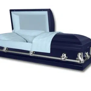 The Orion Blue 20 Gauge Steel Casket, shown open on a white background, features a light blue cushioned interior and silver handles.