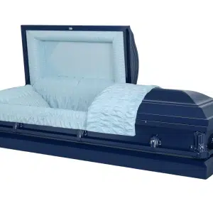 The Orion Indigo 20 Gauge Steel Casket features a blue finish with a light blue cushioned, ruffled interior and is shown open to display the inside.