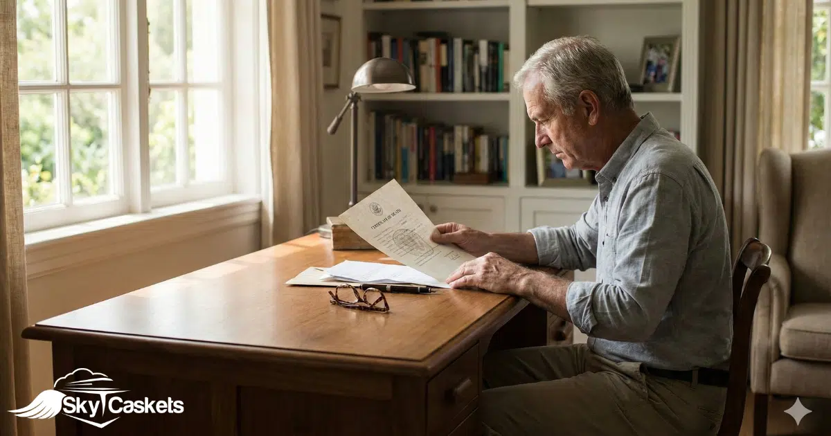 An older man sits at a wooden desk in a home office, reading papers about how to get a death certificate. He is wearing a light gray shirt; glasses rest on the desk beside him. Bookshelves and a window are in the background. The Sky Caskets logo is visible.