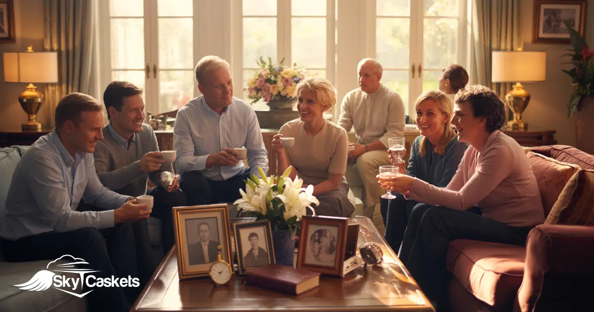 A group of adults sits together in a well-lit living room, talking and holding drinks—a warm gathering reminiscent of a celebration of life. Framed photos and flowers adorn the table. The Sky Caskets logo is visible in the lower left corner.