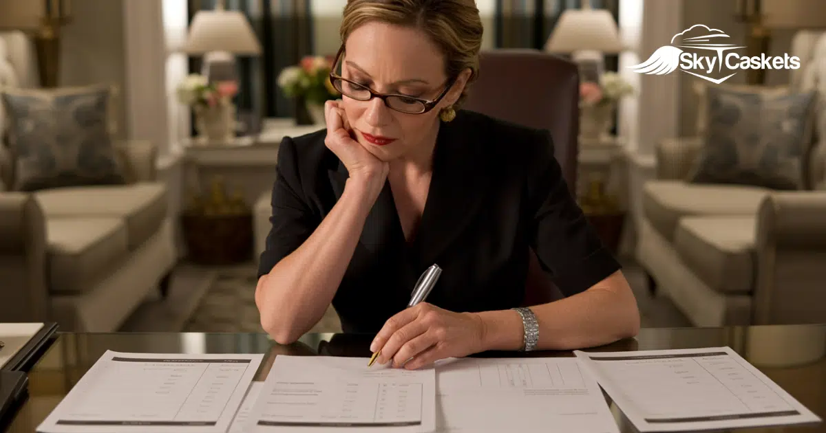 A woman in glasses and business attire sits at a desk reviewing paperwork, holding a pen. Three forms are spread out before her, highlighting funeral regulations. The Sky Caskets logo appears in the top right corner of the image.