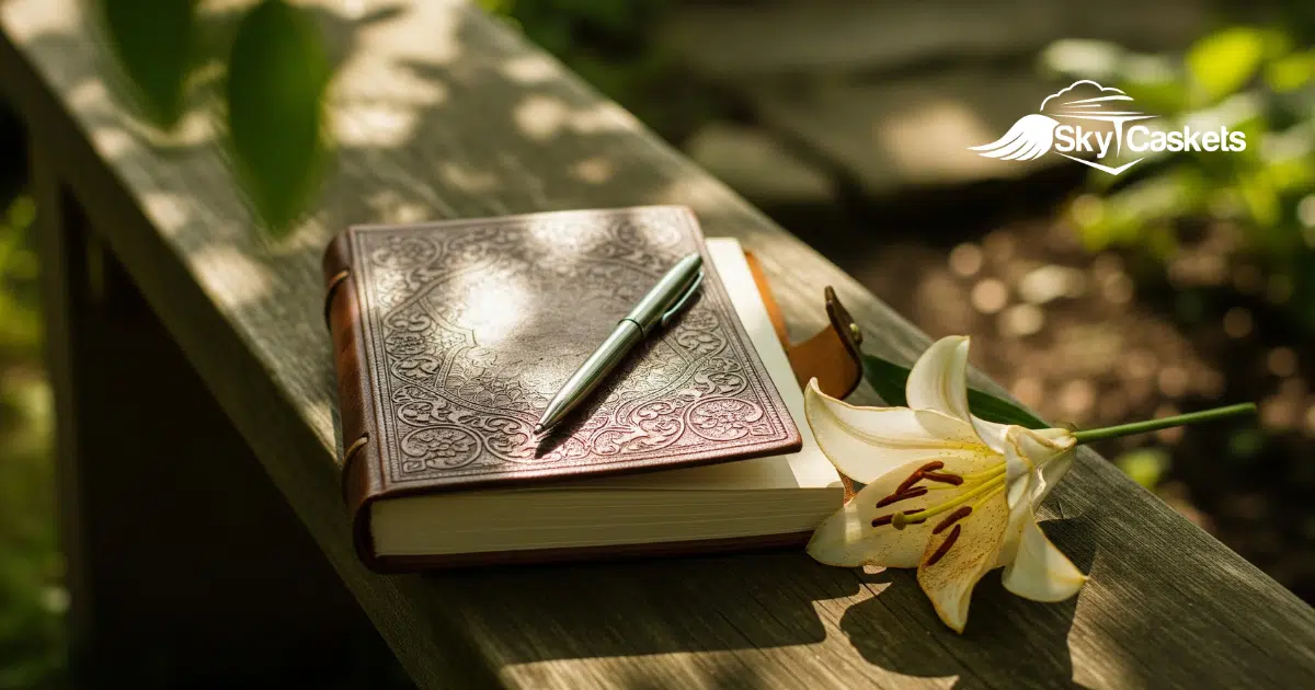 A leather-bound journal with an ornate cover and a pen rests on a wooden bench next to a white lily and sunglasses. Sunlight filters through leaves. The Sky Caskets logo in the corner symbolizes ways to save money on funerals thoughtfully.
