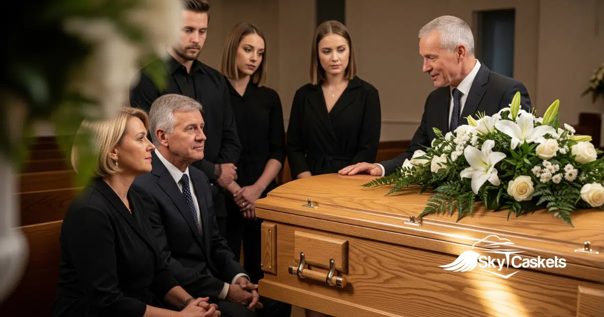 Six people in formal black attire gather around a wooden casket adorned with a white floral arrangement in a funeral setting. The Sky Caskets logo is visible in the bottom right corner.