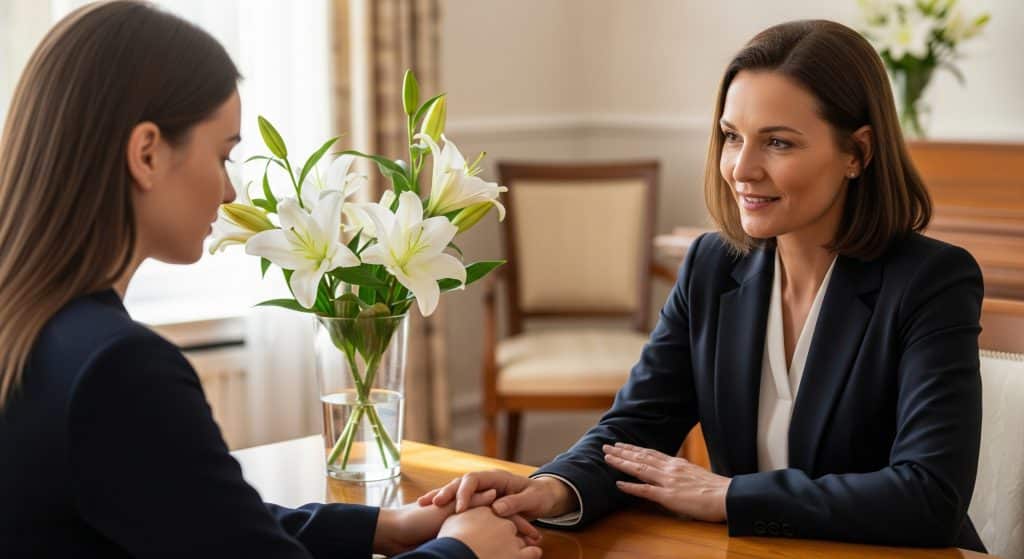 Two women in business attire sit across a wooden table, one holding the others hands in a comforting gesture as they plan a funeral. A vase of white lilies is on the table, and the softly lit room has neutral decor.