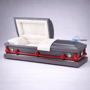 Marine Silver Custom Casket with a gun metal steel base, custom red hardware and white interior