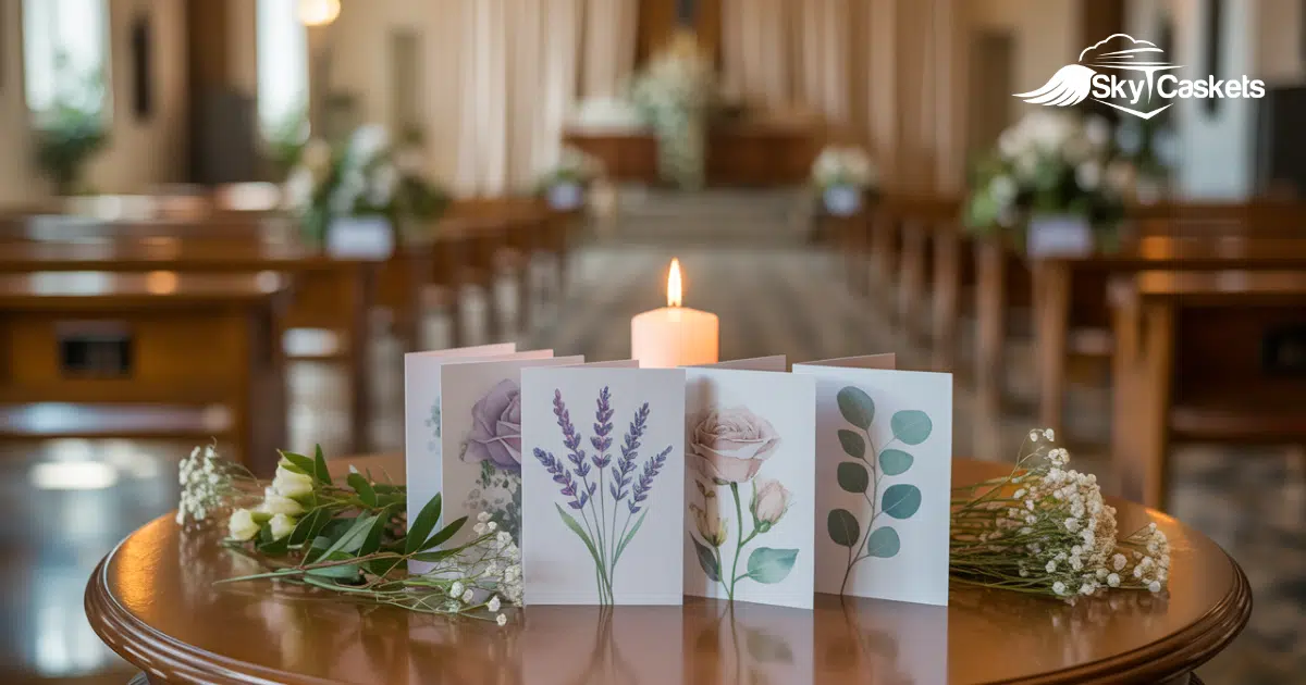 A lit candle, funeral programs and keepsakes, and white flowers are arranged on a round table in the foreground of a chapel. Wooden pews and more floral decorations line the aisle. The Sky Caskets logo appears in the top right corner.