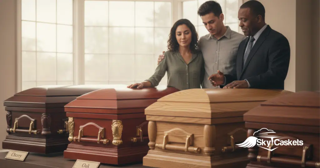 Three people stand together looking at a display of caskets in different wood finishes, labeled “Cherry” and “Oak,” inside a well-lit showroom. The Sky Caskets logo is visible in the lower right corner.