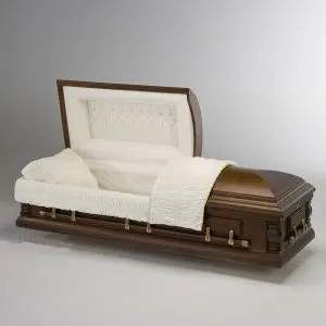A wooden casket with a white padded interior is shown open against a plain white background. The lid is partially raised, displaying the quilted lining and metal handles along the sides.