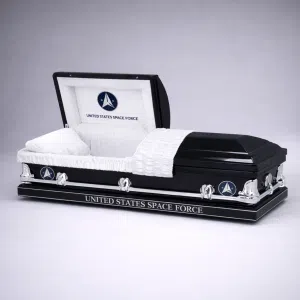 Space Force Casket Customized with a custom head panel and white interior
