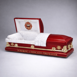 A red and gold casket with firefighter insignia