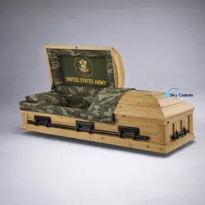 Army Cedar Wood Custom Casket Camo interior with solid hardwood, custom interior, head panel and hardware