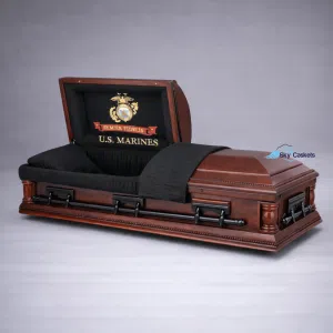 Black Marine Walnut casket with solid hardwood, custom interior, head panel and hardware