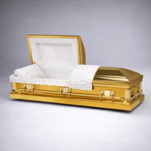Gold custom funeral casket with luxury interior fabric and personalized head panel design made to order