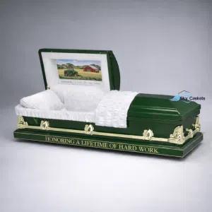Farmers Custom Tribute Casket with custom head panel and hardware