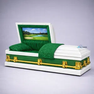 Golf-themed casket with green interior