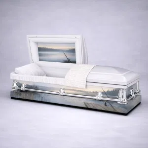 Gone Fishing Fisherman Tribute Casket featuring a peaceful lakeside fishing