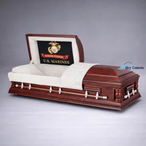 Marine Walnut casket with solid hardwood, custom interior, head panel and hardware