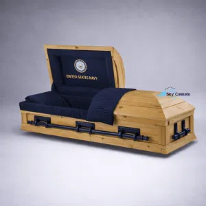 Navy Cedar Wood Custom Casket with solid hardwood, custom interior, head panel and hardware