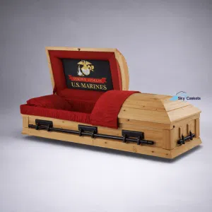 US Marine Wood Tribute Casket with solid hardwood, custom interior, head panel and hardware