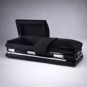 Elegant black casket with open lid black interior
