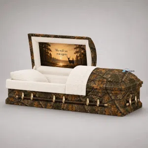 Custom camouflage wood casket with white interior and woodland camo exterior personalized funeral casket