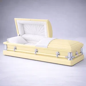 yellow casket with open lid and soft white interior