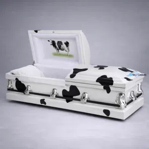 Steel casket with country-style cow print wrap design and matching hardware
