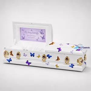 Butterfly floral casket with gold hardware and white interior
