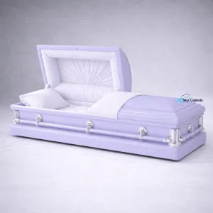 Lavender casket with open lid silver hardware