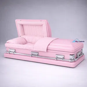 Pink steel casket exterior and soft pink interior