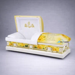 Yellow rose casket design with the Lord's Prayer lettering across the lid