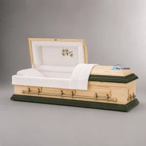Northridge solid pine casket with a deep green accent, brass swing-bar handles, and soft velvet interior