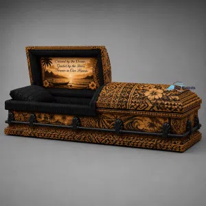 Tribal pattern casket with black interior and custom head panel.