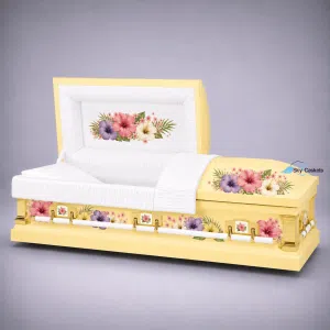 Yellow casket with flowers on lid and white interior