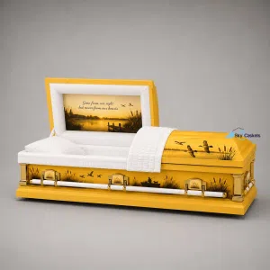 Yellow Custom Casket with soft white interior, gold and white hardware with duck hunting image