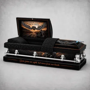 Black Motorcycle Tribute Custom Casket with custom motorcycle wrap, orange pinstriping and chrome hardware.