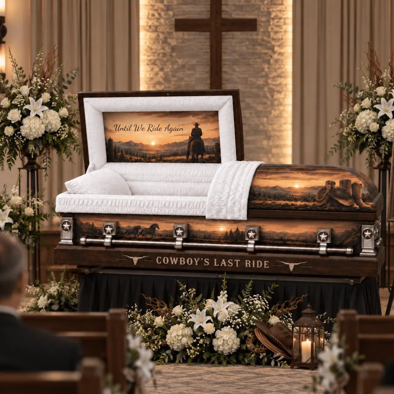 Cowboy’s Last Ride Custom Western Casket at Funeral Service Cowboy’s Last Ride custom western casket displayed at a funeral service with white flowers, dark espresso wood finish, white interior and silver hardware