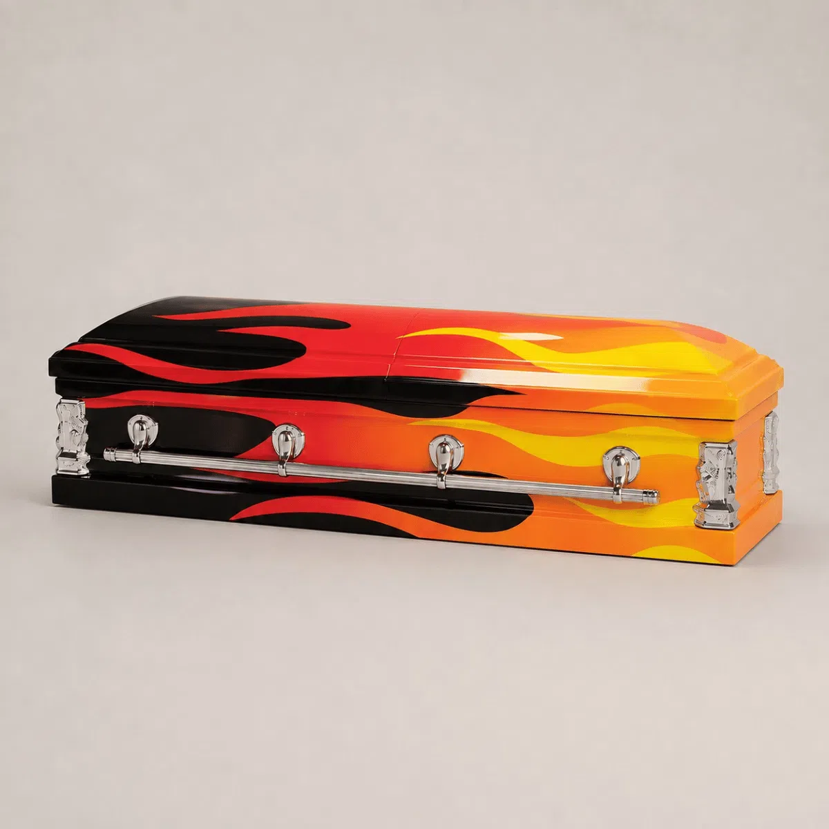 The Eternal Flame Custom Casket Custom flame casket with red orange yellow and black fire design