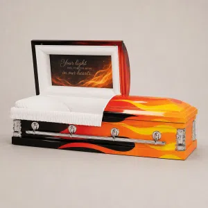 Custom flame casket open with white interior and personalized memorial head panel