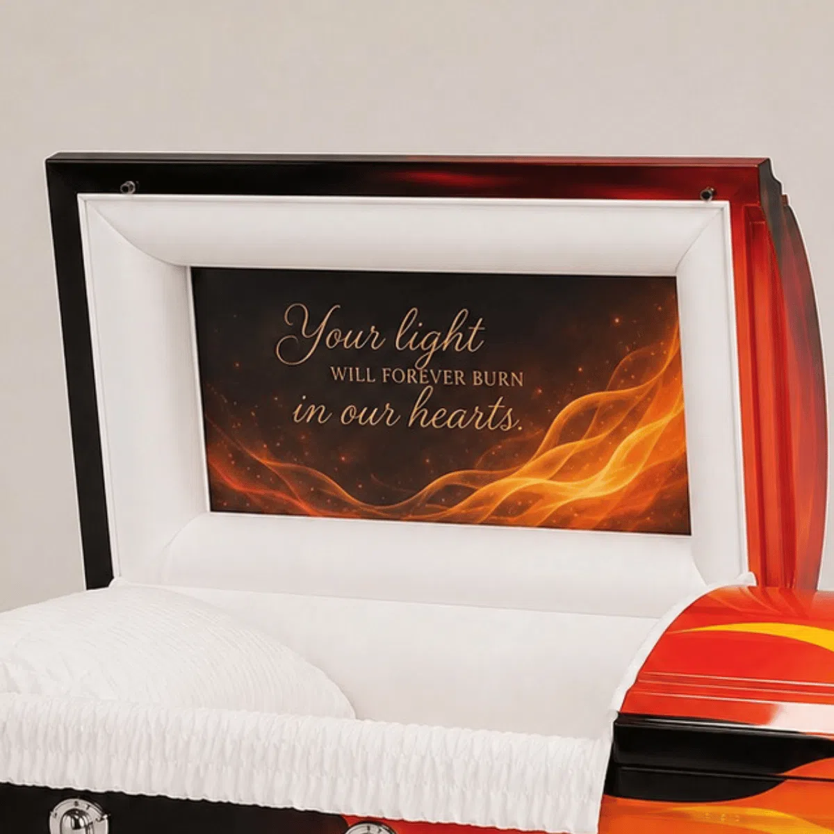 Flames Casket Head panel Flame memorial casket head panel with Your Light Will Forever Burn in Our Hearts