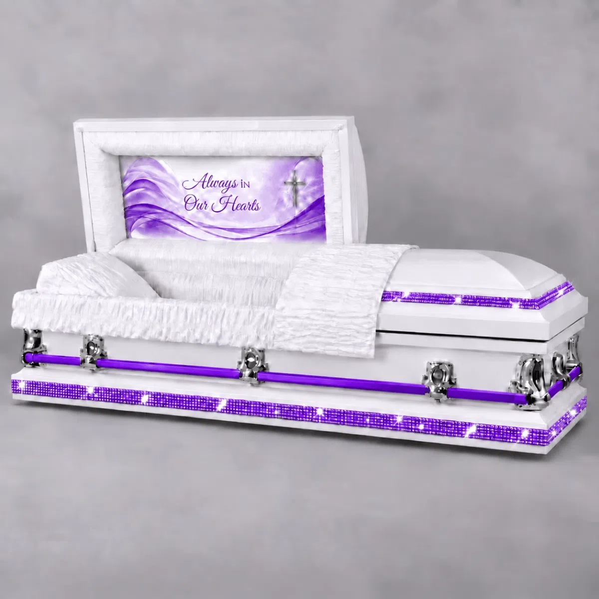 Purple Rhinestone Royalty Custom Casket White custom casket with purple rhinestone trim, purple handle bars, white interior and purple memorial head panel